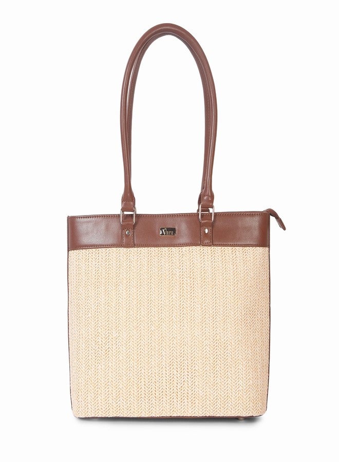 VARA Large Capacity Handbag For Women Tote Bags For Womens Big Purses Handbags Ladies Big Shoulder Bag From Ykk Zipper For Bag (Brown-Cream) - Image 1